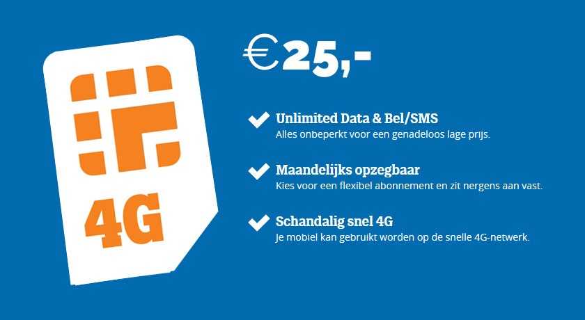 Autonomie kaart Kaal Unlimited Data & Bel/SMS €25,- per maand - Mobiele Providers